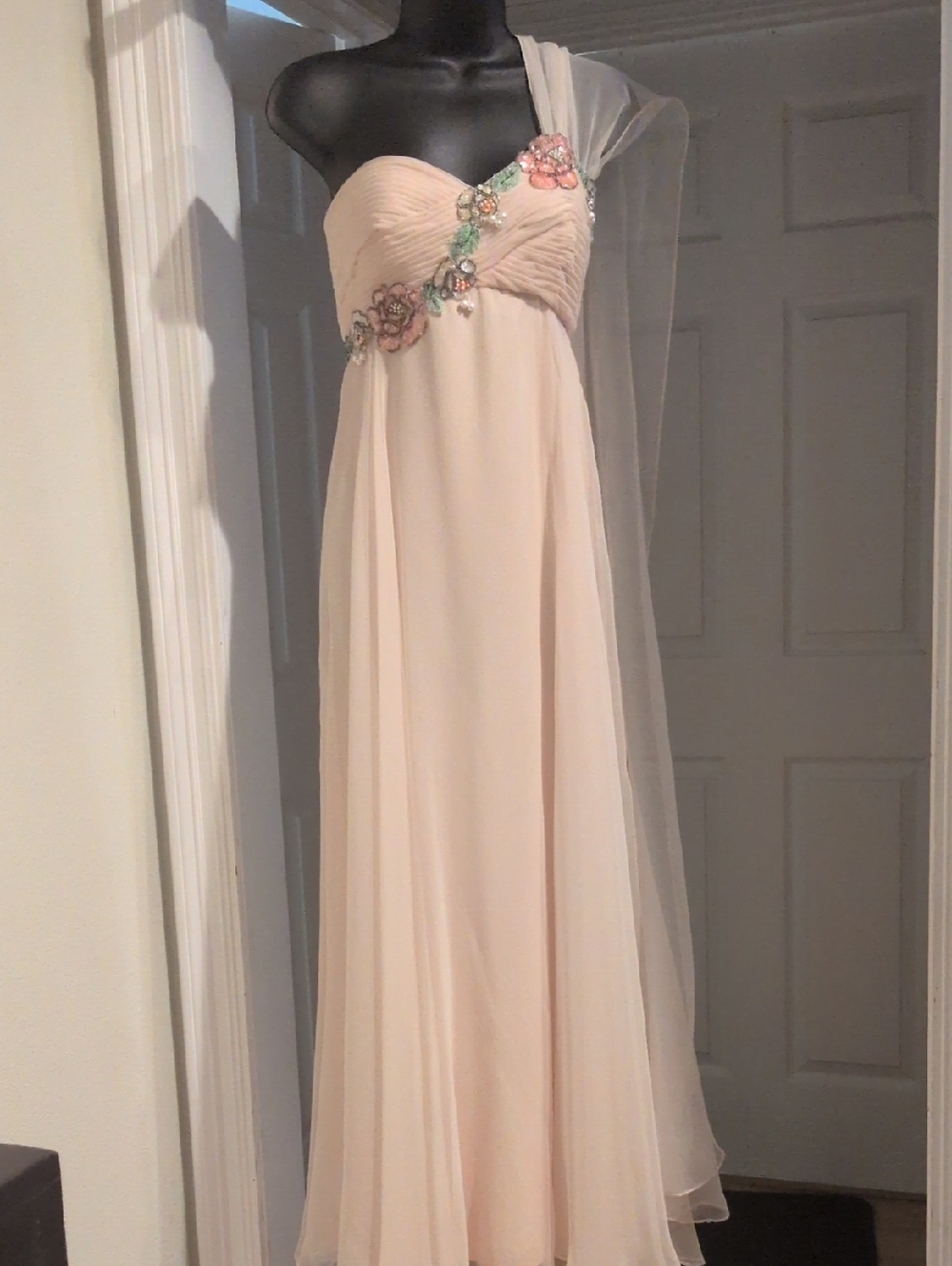 Rose Taft Blush One-Shoulder Gown with Floral Appliqué